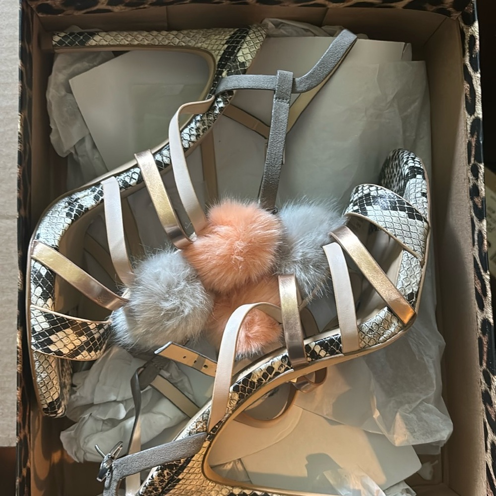 Snakeskin and Pom Pom pink and grey and rose gold heels